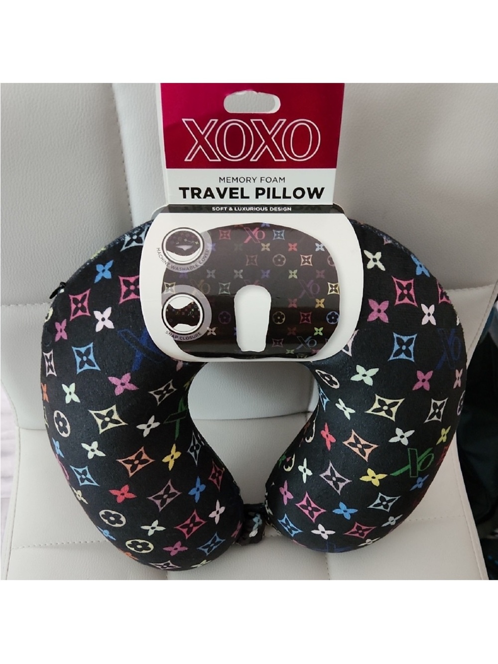 XOXO Black Travel Neck Pillow with Multicolor Logo Print